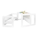 3 in 1 Multifunktionales Kindermöbel Set Bestehend Aus einem Multifunktionalen Kindertisch und eine Multifunktionale Kindersitzbank oder ein Multifunktionales Nest von zwei Couch- Beistelltischen für Erwachsene, aus Massivem Buchenholz Weiß Lackiert - 4