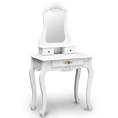 WOLTU MB6002, Tisch Schminktisch, Wohnzimmer Tisch, Spiegeltisch, Kosmetiktisch, MDF Holz, mit Spiegel, Frisiertisch, Barock, Weiß