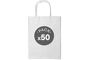 LIBERGRAFIC Bolsas de Papel con Asas I Bolsa de Papel para Compra Resistentes I Bolsas para cumpleaños, Regalos, Fiestas, Bolsas para Tiendas (50, Blanco, 24x32x12cm)