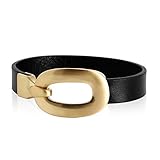 Blisfille Armreifen Indisch Armkette Frauen Schwarz Oval Aushohle Breit Lederarmband Einfach Anker Verschluss Edelstahl Armband 19.5 cm
