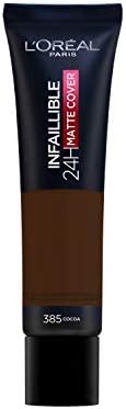 l'Oréal Paris MakeUp Infaillible 24h Mat Cover, Fondotinta Coprente, Finish Matte, Formula a Lunga Durata, 385 Cacao, 35 ml, Confezione da 1