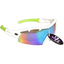 Rayzor Professionnel léger UV400 Blanc Sports Wrap Tir à l'arc Lunettes de Soleil, avec Une 1 Piece ventilé Bleu Vert Iridium Miroir Anti-éblouissement Lens.