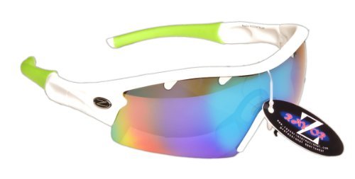 Rayzor Professionnel léger UV400 Blanc Sports Wrap Tir à l'arc Lunettes de Soleil, avec Une 1 Piece ventilé Bleu Vert Iridium Miroir Anti-éblouissement Lens.