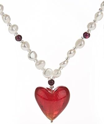 Lustrous-White Pearls & Garnet Necklace with Red Murano Glass Heart Pendant