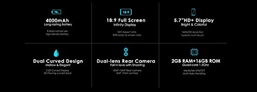Unlocked Smartphones 4G,OUKITEL K5 - 5.7 inch HD (18:9 ratio) Android 7.0 4G smartphone 2GB+16GB 4000mAh Battery Triple cameras (5MP+2MP+16MP) Blue