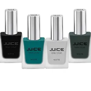 JUICE ONE COAT NAIL PAINT COMBO CROW BLACK - M02, ROCK BOTTOM - M04, BRIGHT AQUA - M06, ICE GREY - M10 LONG LASTING 11ML EACH PACK OF 4