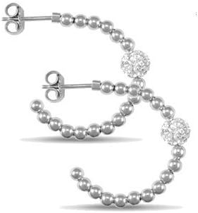 TOC 925 Sterling Silver Crystal Disco Ball Bead Half Hoop Earrings