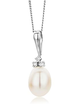 Miore Damen-Halskette mit Anhänger Süßwasser-Zuchtperle und 3 Brillanten 9 Karat 375 Weißgold 45cm