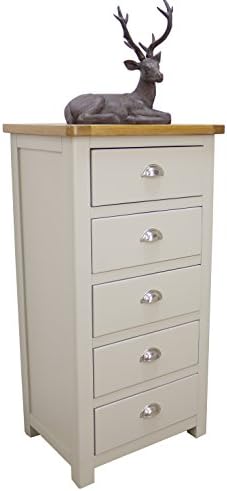 Aspen Painted Oak Sage Grey Tall Chest of Drawers/Solid 5 Drawer Bedside Unit
