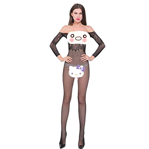 Preisvergleich Produktbild Xuthuly Damen Sexy Womens Dessous Spitze Print Babydoll Jumpsuit Erotische Unterwäsche Nachtwäsche aus der Schulter Chemise Kleid Ärmel Mesh Openwork verbunden Dessous Clubwear Nachtwäsche