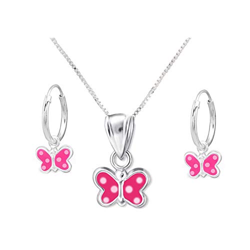 Ensemble collier et boucles d'oreilles créoles SL-Silver pour enfant avec pendentif en forme de papillon rose -Argent 925 - coffret cadeau