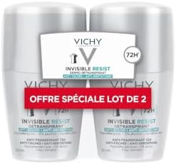 Vichy, Invisible Resist, deodorante Roll-On, distraspirante a lunga durata 72 H, anti-macchie gialle e bianche, adatto per pelli sensibili, confezione da 2 x 50 ml