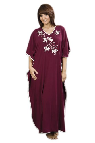 Jersey Embroidered Kaftan Satin Trim One Size Fits All, Burgundy