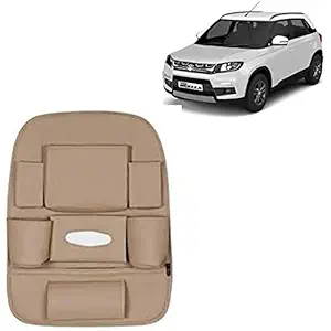 RD Universal PU Leather Car Auto Seat Back Organizer Multi Pocket Travel Storage Bag with Hangers, Tissue Paper and Bottle Holder-Beige Colour Compatible for Maruti Suzuki Vitara Brezza