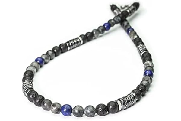 Collier Homme perles 8mm pierre naturelle Lazuli Labradorite Larvikite Labradorite gris mat Lave Volcanique noir rondelles Hématite métal INOX fabriqué en France COLLITEF128 (40-45cm expédié 1000ola)
