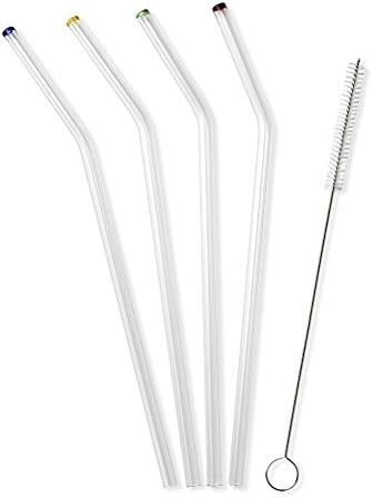 Transcendence Extra Long 12" Angled Glass Drinking Straws Color-tipped 4-pack with Nylon Cleaning Brush