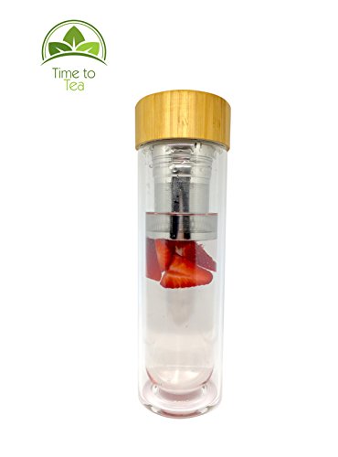 Time to Tea© Edel-Glas Tee-Bereiter und Fruit-Infuser mit Thermo-Funktion | hochwertige, doppelwandige Tee-Flasche mit Edelstahl-Sieb & Bambus-Deckel | Thermo-Trinkflasche ideal für Unterwegs, die Arbeit oder Uni | 450ml BPA-frei - 2