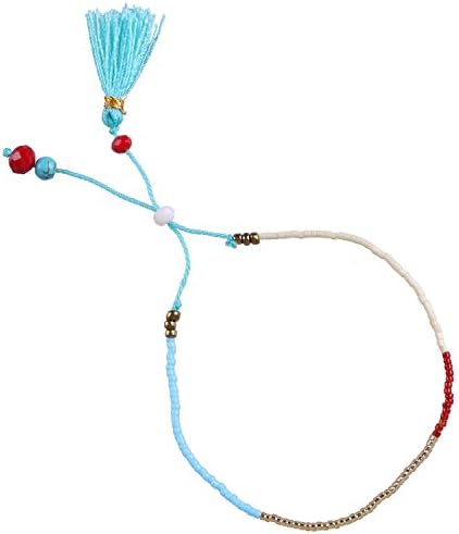 Hand Woven Multi Color Crystal Created Turquoise Beaded Single Wrap Bracelet with Pendant Tassel, Blue