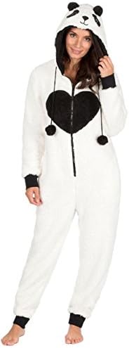 Ladies Hooded All In One Pyjamas Sleepsuit Onesie Nightwear (Large/X-Large, Panda Snuggle White)