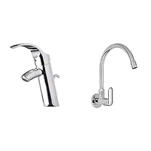 KOHLER Wave Basin Mixer, Single Control Lavatory Faucet, Without Drain (Chrome Finish)+Kohler Kumin Wall Mounted Kitchen Faucet (Cold only) (99482IN-4-CP)