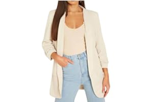 Anniestudio10® Women's Plain Full Lined Open Front Collared Italian Blazer Top Ladies 3/4 Ruched Sleeve Stylish Work Office Outerwear Coat Jacket Plus Size S-XL