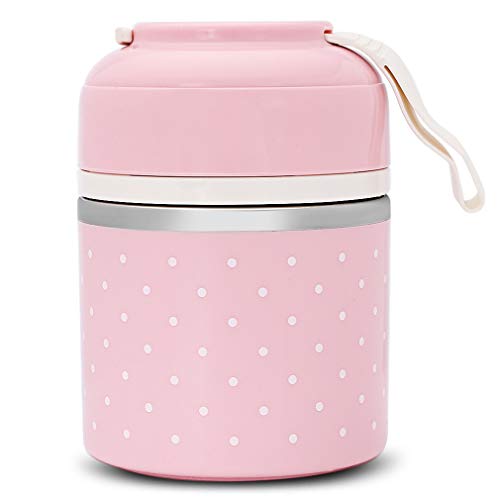 Preisvergleich Produktbild eqikde Bunte Thermische Brotdose-Edelstahl-Nahrungsmittelvorr... auslaufsicherer Nahrungsmittelkasten-Picknick-Kasten pink 3 Layer