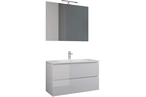 MaMa Store Atena Mobile sospeso con lavabo, specchio e lampada LED, Laminato, Bianco Lucido Laccato L. 62 X P. 47 X H. 53 Cm