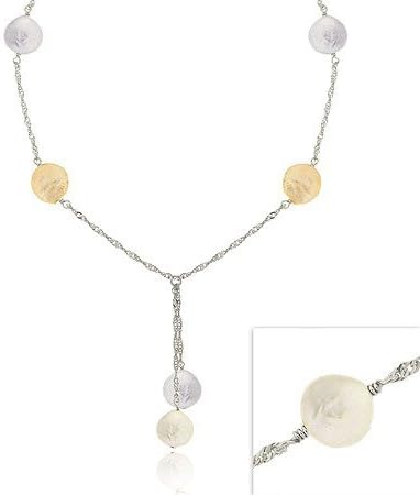 Sterling Silver Iridescent Genuine Freshwater Cultured Round Pink, Gray &amp; White Coin Pearl Twist D-cut Lariat Necklace