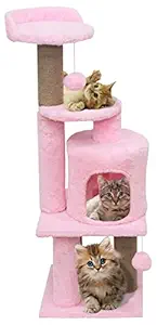 Hiputee Soft Fur Activity Scratching Post / Cat Tree for Kittens & Cats - Natural Sisal Rope Triple Platform Tower (Pink)