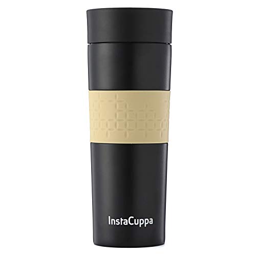 InstaCuppa Vacuum Insulated Coffee, Tea Travel Mug 470 ML, Sipper Lid with Filter, Double Walled Thermos Flask, Silicon Grip, Black