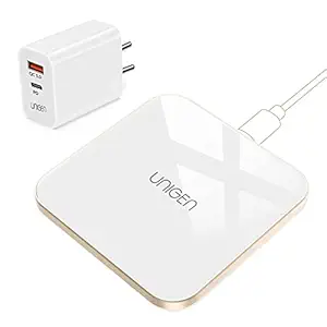 UNIGEN UNIPAD 150 Wireless Charger Pad [with Adapter] | 15W Type-C PD Support | Glass Top Metal Base | Compatible iPhone 13/13Pro/12/12 Pro/11/11 Pro Max/XS Max/XR/X/8, Galaxy S20/S10/S9/S8 (Pearl White)