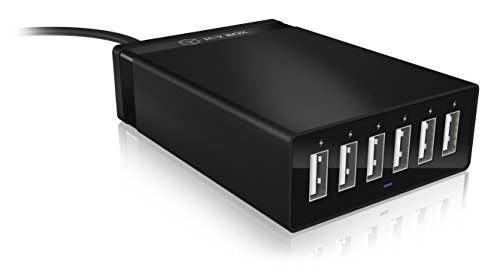 Icy Box IB-CH601 6-fach USB-Schnellladegerät (6x USB mit 5 V / 2,4 A) mit Schuko-Stecker, Überspannungs-/Kurzschlussschutz (schwarz)