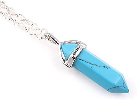 Natural Gemstone Necklace Silver Plated Hexagonal Pointed Reiki Chakra Quartz Crystal Pendant Necklace Chain 18 Inch