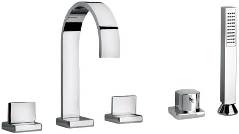 Jewel Faucets 15109 Chrome Two Lever Handle Roman Tub Faucet and Hand Shower with Classic Ribbon Spout
