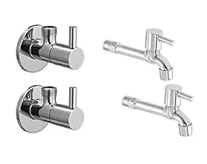 Redcroc Stainless Steel Brass Disc Anixa Series Water Turbo Long Body Bib Cock Tap Foam Flow with Angle Cock Heavy Mirror Polished Wall Flange (Standard; Silver) - Pack of 4