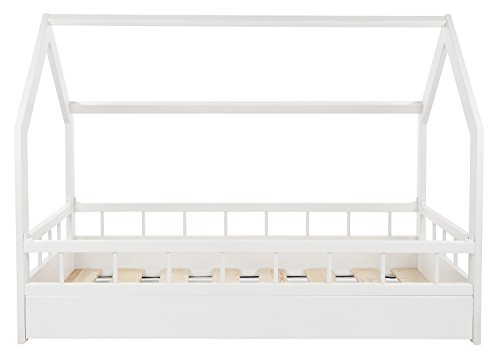 Lit maison cabane 2 en 1 avec barreaux, chambre d'enfant, bois naturel 160x80 cm (blanc)