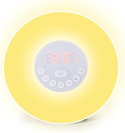 Wake-Up Light, Sunrise Simulation Alarm Clock 6 Sound FM Radio, Snooze Function , Multi Light Modes, 7 Colours Touch Sensor Night Light, etc 1-Year Warranty