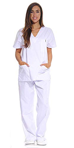 Divise Complete da Lavoro Medico Infermiera OSS Sanitario Estetista Unisex (s, Bianco)