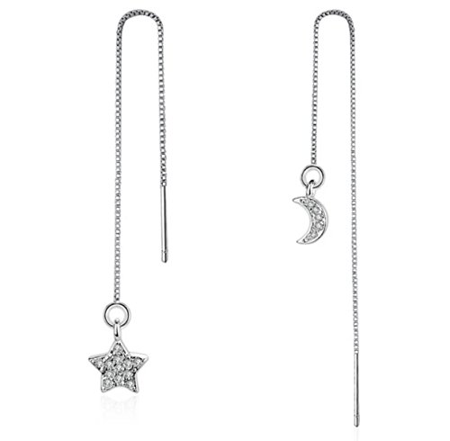 iszie, orecchini lunghi a catenella, in argento sterling, con decorazione a luna e a stella