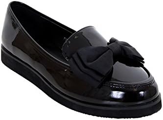 Fantasia Boutique ® Ladies Loafers Chunky Sole Creeper School Dolly Work Bow Accent Patent Shoes
