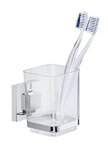 Wenko 22680100 Zahnputzbecher "Quadro" mit Vacuum-Loc, Edelstahl, Silber/Transparent, 7.5 x 10 x 10 cm