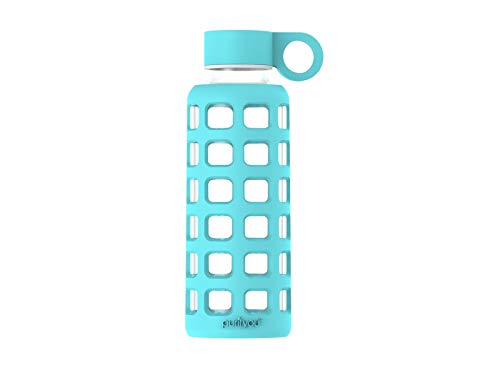 purifyou Botella de Agua de Cristal con Funda de Silicona y Tapa de Acero Inoxidable - 12oz, Agua Azul