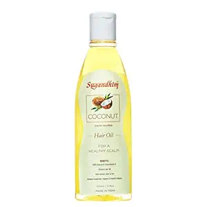 Sugandhim Hair Oil Coconut Cold Pressed, 1x 100 ml, Natural, Reduces Hair Fall, Natural Shine, Nariyal, Both Enriched With Jojoba, Rosemary, Cedar wood & Eucalyptus oils, Relieves Mental Fatigue Headaches & Migraine, Champi, Vitamin, Cuticle, Massage, Nourishment, Healthy & Happy Scalp, Mild Fragrance, Suitable For Alll Age Groups, Made In India