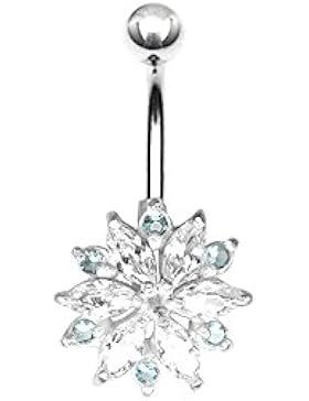 Karisma Silber Bauchnabel Piercing Blume Mit Zirkonia Steine SBF.41 Weiss und Aqua