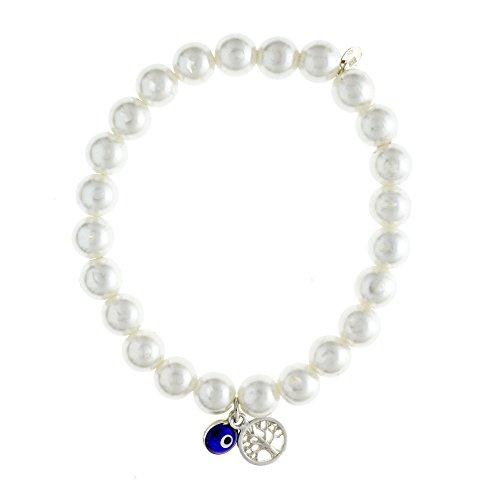 Córdoba Jewels | Pulsera de Perlas de Plata de Ley 925 con diseño Ojo Turco Perla. Ajustable.