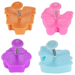 4er Baby Kinder Motive AUSSTECHER Ausstechformen Stempel Auswerfer Marzipan Fondant Kekse Party Milchflasche Kleidung Kinderwagen Holzpferd - 3