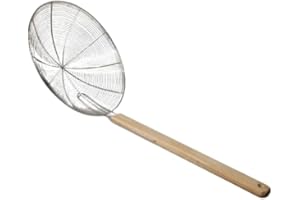 PEBBLE HUG Stainless Steel Wok Skimmer with Wooden Handle, for Kitchen Frying Food, Pasta, Spaghetti, and Noodles, Cooking Utensils Strainer, Wired Skimmer, Easy to Clean (30 cm)