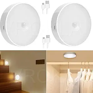 VROKLA Motion Sensor Light for Home with USB Charging Pack of 2 Wireless Self Adhesive LED Magnetic Motion Activated Light Motion Sensor Rechargeable Light for Wardrobe Bedroom Stairs (White/Warm)