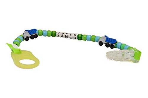 Personalised 2 In1 Dummy Clip (MAM style) baby boys trucks christening gift with your desired Name or phrase