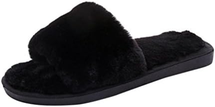 Women Ladies Slippers furry Slip on Sliders Fluffy Faux Fur Flat Flip Flop Sandal open toe teenagers home (6 UK, Black)